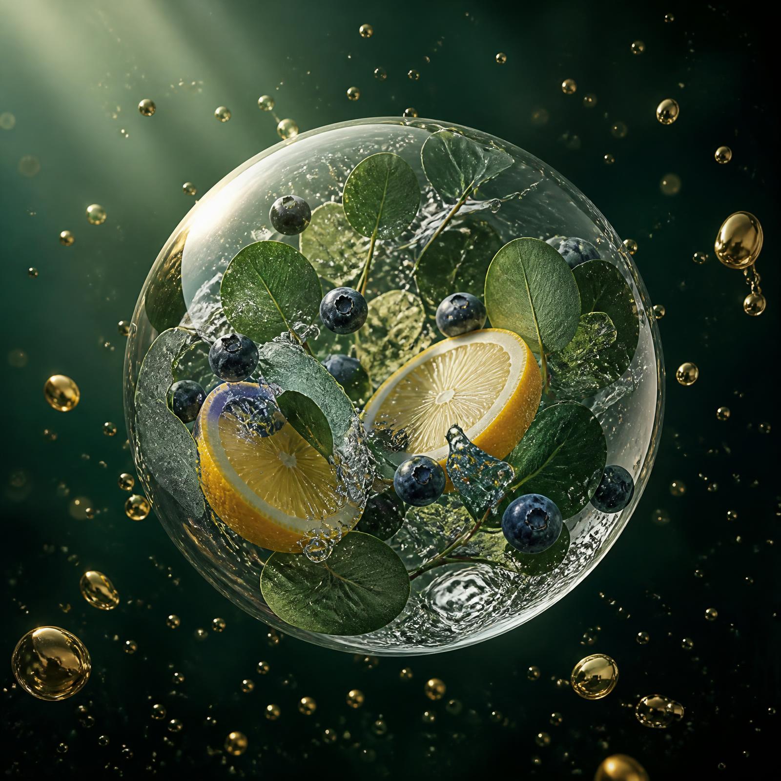Glass sphere with fresh botanicals and citrus suspended in water.